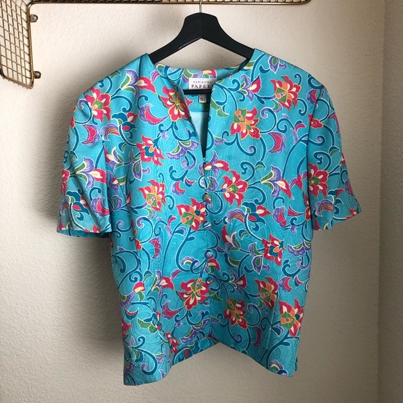Vintage Adrianna Papell Bright Floral 100% Silk Top & Skirt Suit Set Size 12 - Picture 1 of 16